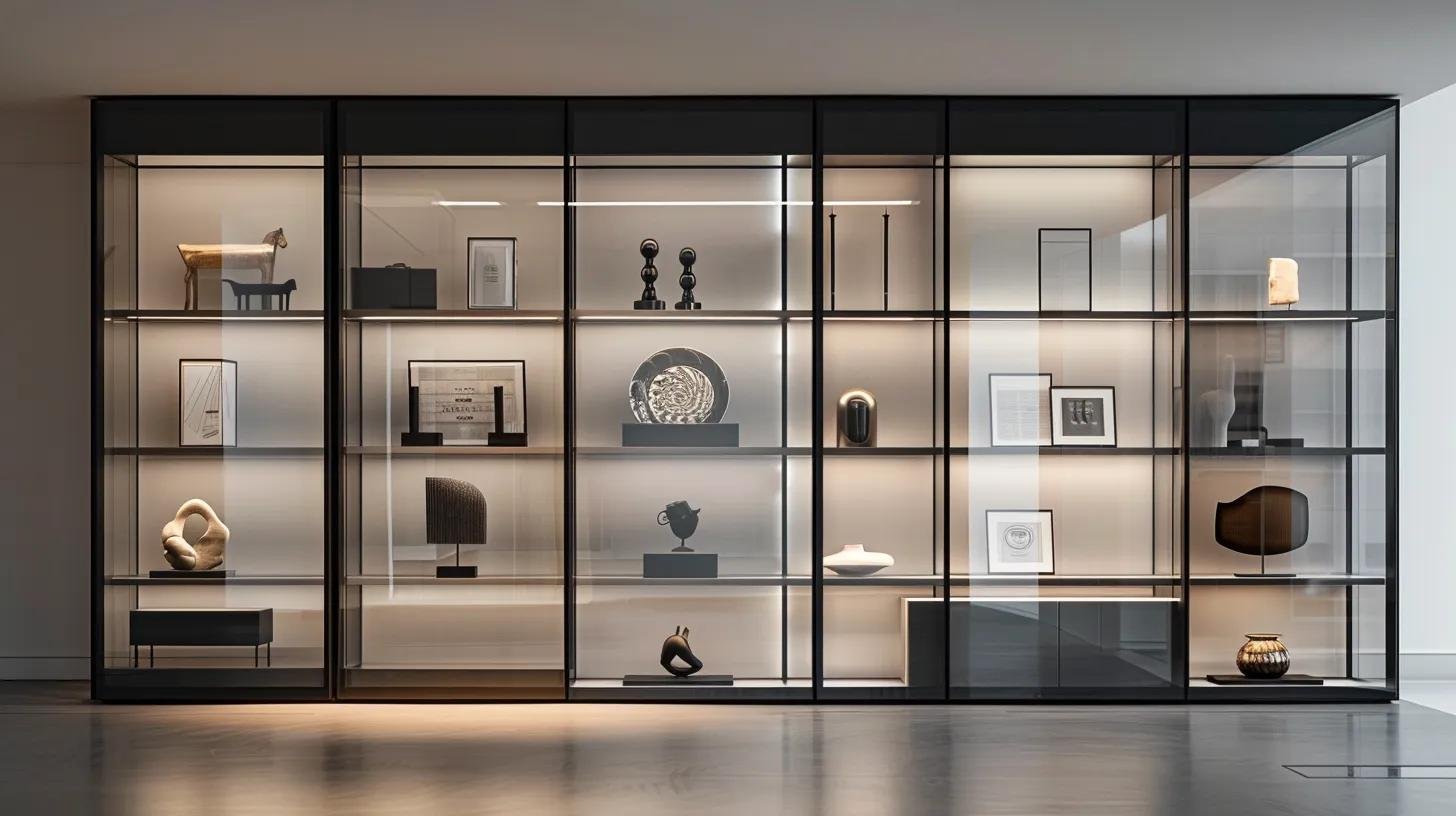 Optimize Your Space With Wall to Wall Storage Solutions 6 a sleek, modern office space features a sophisticated integrated storage unit with glass-front cabinets illuminated by dynamic led lighting, showcasing abstract sculptures and framed art pieces, blending functionality with striking visual elegance.