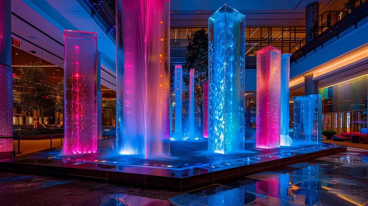 Creating Custom Indoor Water Features for Your Space 2 a vibrant indoor water display featuring dynamic, color-changing led lighting and intricate water motions, set against elegant glass panels, creates a luxurious atmosphere that captures the essence of artistic expression and engages captivated spectators in a sophisticated urban setting.