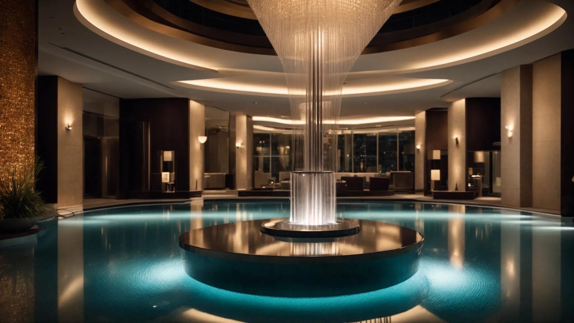 Modern Spaces: Embracing Contemporary Fountain Design Trends 1 a sleek, contemporary fountain made of glass and metal, elegantly showcasing geometric forms and minimalist design, is artfully integrated into a luxurious urban hotel lobby, with soft lighting enhancing the water's reflective play and creating a striking focal point.