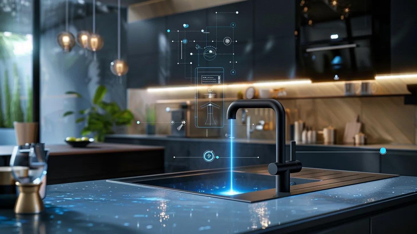 Transform Your Home With Innovative Water System Solutions 7 an elegant, modern kitchen showcases a sleek, high-tech water distribution system with illuminated smart controllers and visible pressure sensors, highlighting the seamless integration of personalized water delivery tailored for optimal comfort and efficiency.