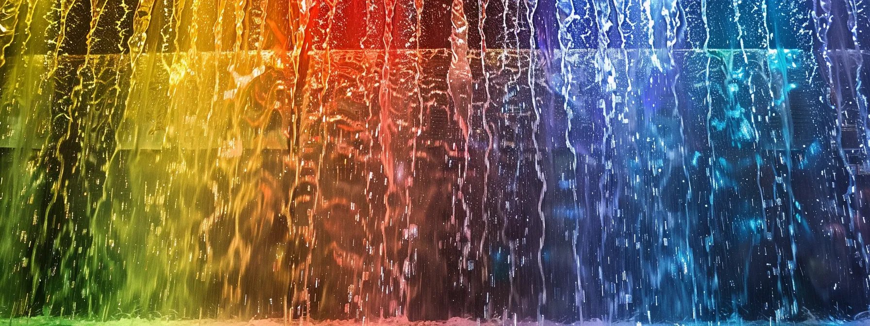 Colorful water curtain displaying a vibrant gradient from yellow to blue, illustrating an indoor water feature that enhances serenity and style in living spaces.