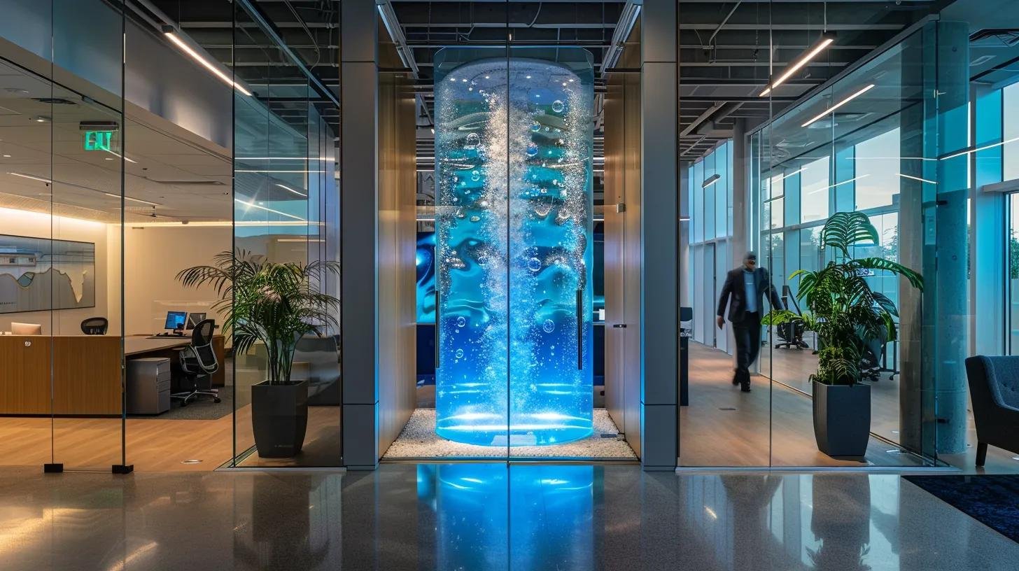 Why Choose a Floor Standing Water Bubble Wall for Your Home 4 a sleek, modern office space showcases a flawless installation of a shimmering floor-standing water bubble wall, featuring precise glass panels and a polished metal frame, with certified technicians meticulously calibrating the system amidst an atmosphere of efficiency and precision.