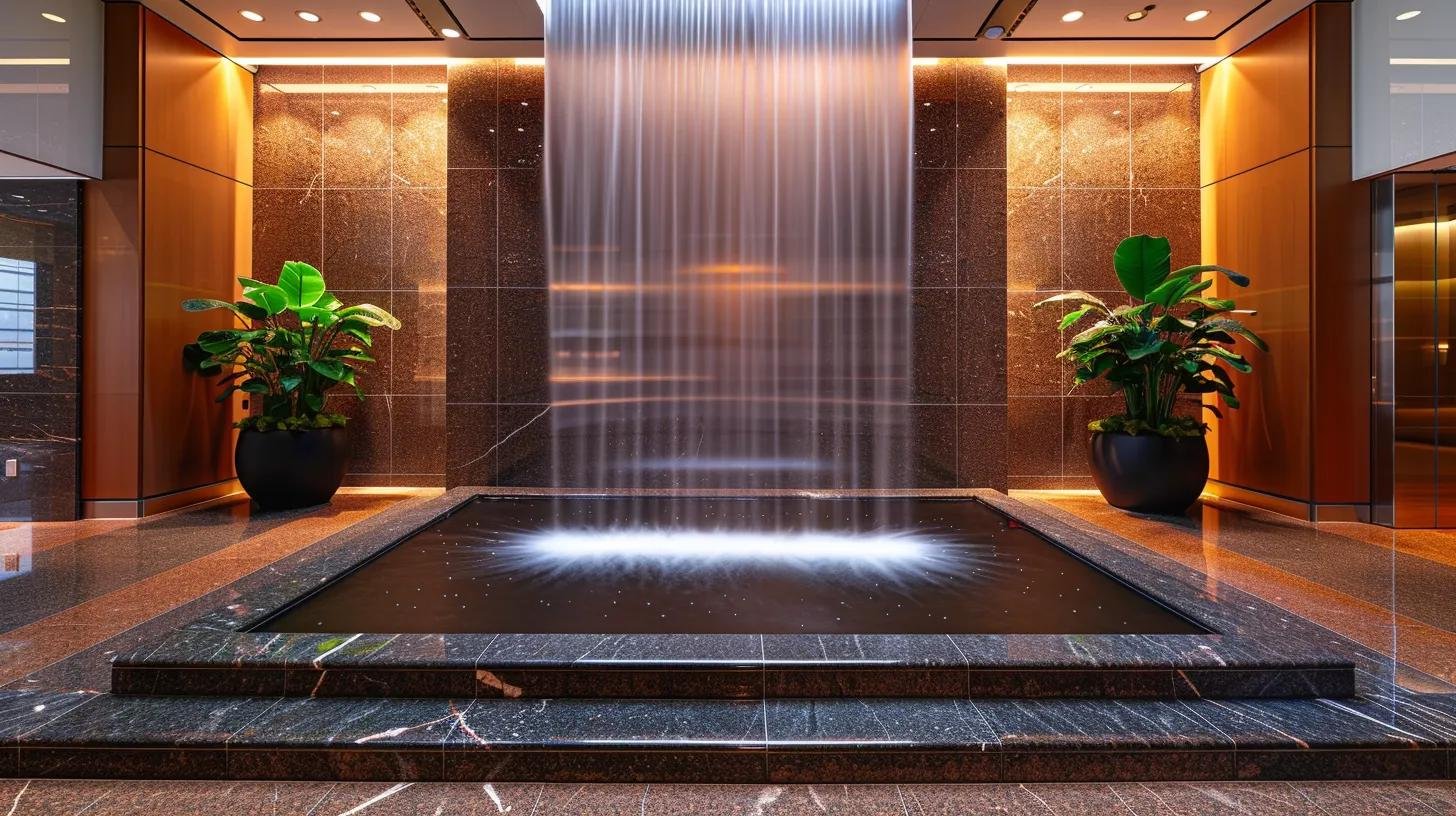 Revamp Your Work Area With Unique Indoor Home Office Designs 5 a luxurious modern office space showcases sleek polished granite surfaces and elegant stainless steel fixtures, centered around a striking indoor fountain that serves as a dramatic focal point, illuminated by precise ambient lighting.