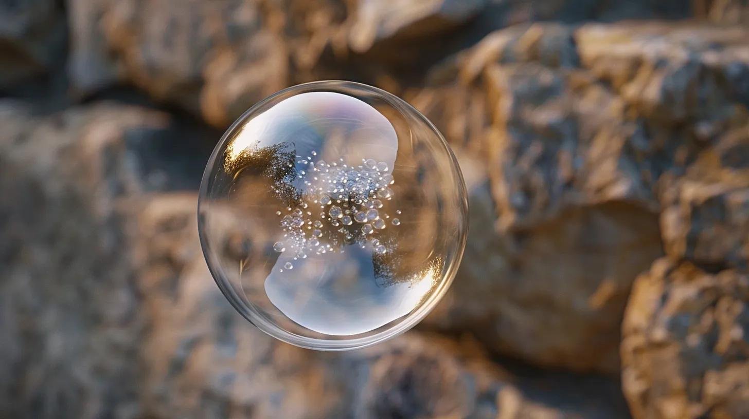 Close-up of a water bubble floating, showcasing reflections and air bubbles inside, set against a natural stone background, representing tranquility and innovative design for water features.