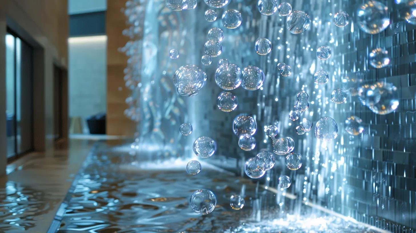 LED Water Bubble Wall: Beautify Your Surroundings 5 a sleek, modern office lobby features a stunning led water bubble wall, illuminated by dynamic, energy-efficient lighting, showcasing a sophisticated balance of aesthetic appeal and technology-driven efficiency.