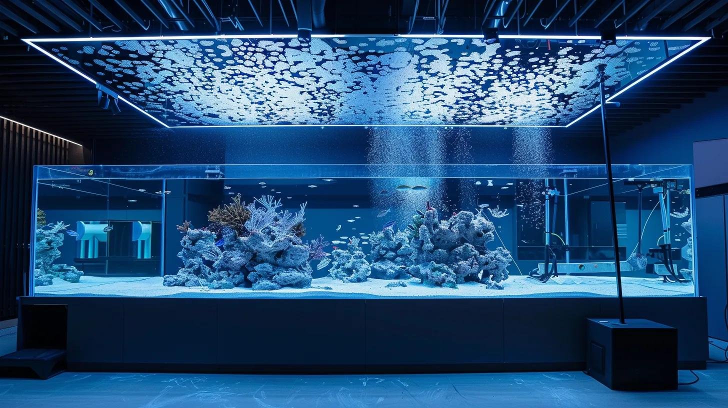 The Allure of a Bubble Wall Fish Tank in Interior Design 3 a sleek, modern fish tank installation showcases a captivating bubble wall with precisely positioned air diffusers and transparent panels in a high-tech aquarium workshop, illuminated by focused overhead lighting that highlights the engineering details and sophisticated equipment used by technicians.