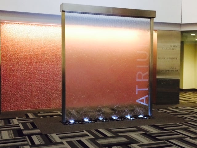 Glass Water Features 47 Glass and Stainless Water Wall with Etched Logo at ADP Corporate Headquerters 2