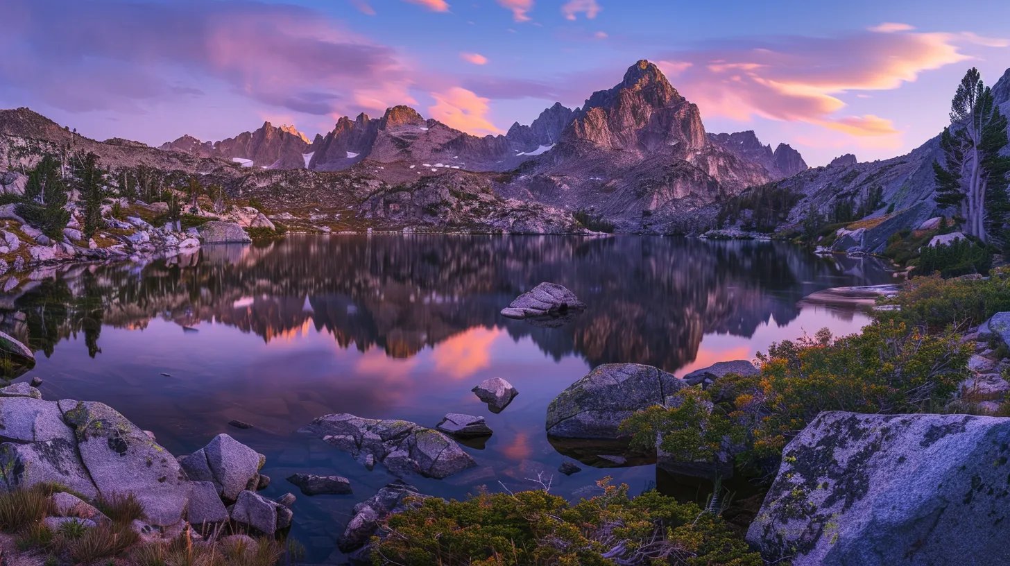 Large Wall Decor Trends to Refresh Your Space 3 a serene twilight landscape captures the reflective surface of a tranquil lake surrounded by majestic mountains, bathed in hues of purple and gold as the sun dips below the horizon.