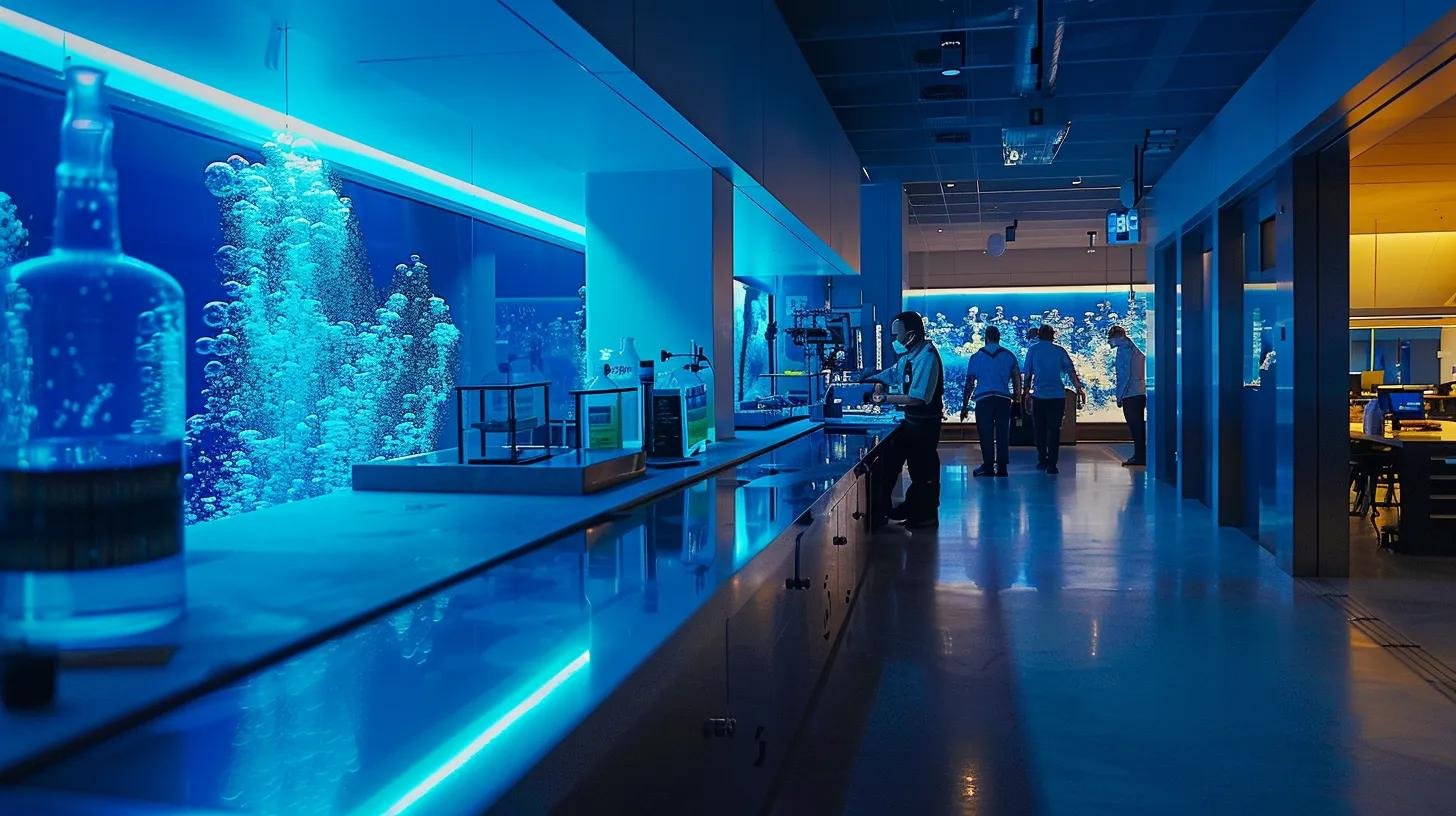 The Allure of a Bubble Wall Fish Tank in Interior Design 4 a sleek, modern aquarium maintenance facility is bustling with technicians expertly cleaning a vibrant bubble wall feature, employing advanced tools and biodegradable agents while analyzing water quality data on digital screens.