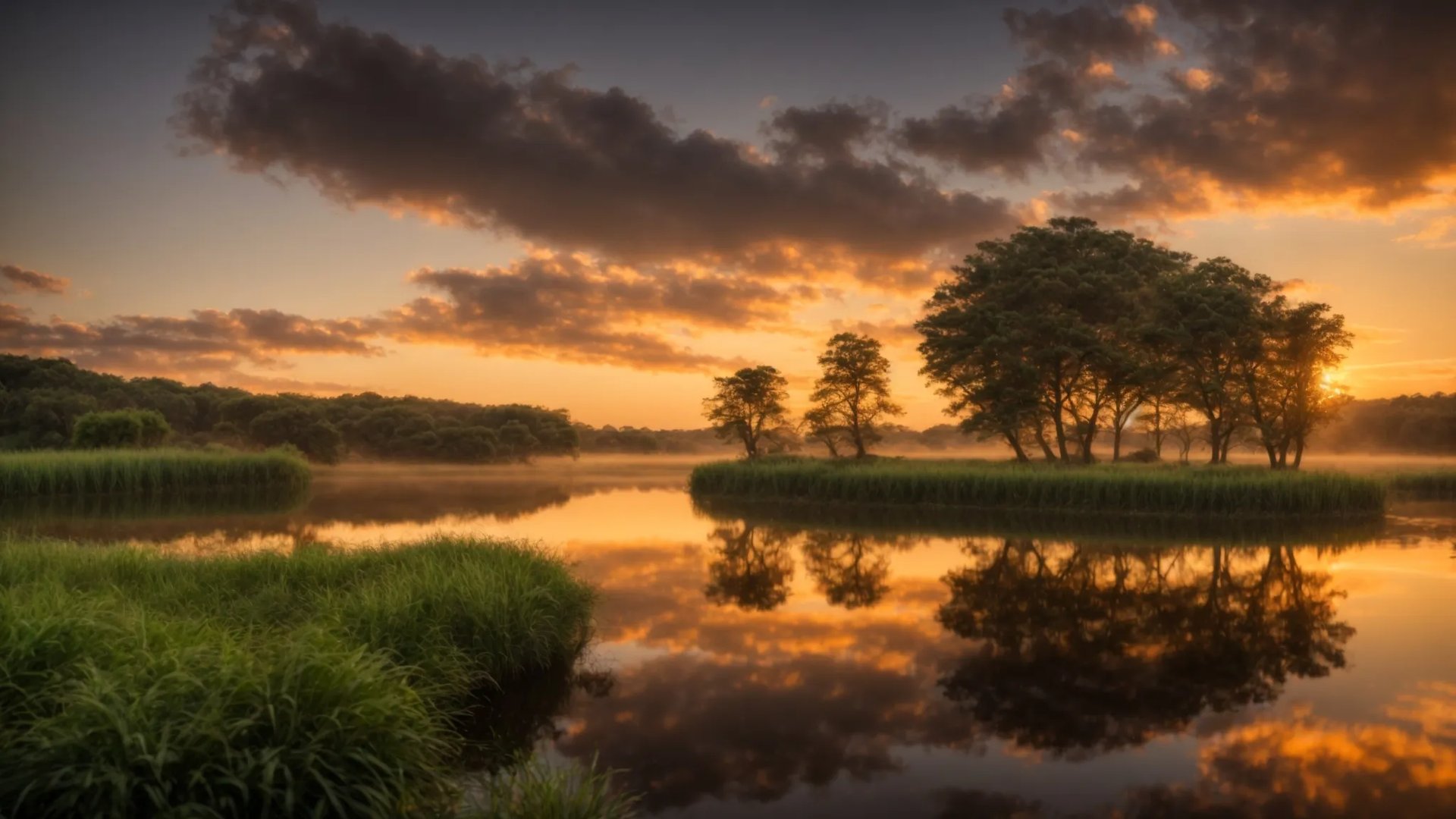 Elegant Water Fountains for Sale in Your Neighborhood 3 a serene sunrise casts a warm golden glow over a tranquil lake, reflecting the vibrant hues of the sky and surrounded by lush greenery.