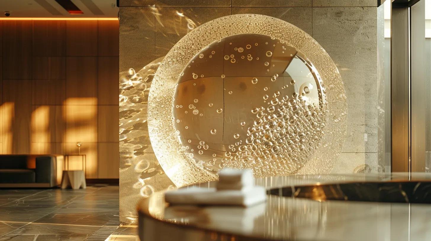 Create a Modern Look With Bubble Mirror Wall Decor 6 a luxurious, modern interior setting showcases a striking bubble mirror wall decor, gleaming under soft, focused lighting while a microfiber cloth and glass cleaner are elegantly displayed on a pristine surface, emphasizing the importance of maintenance and quality.