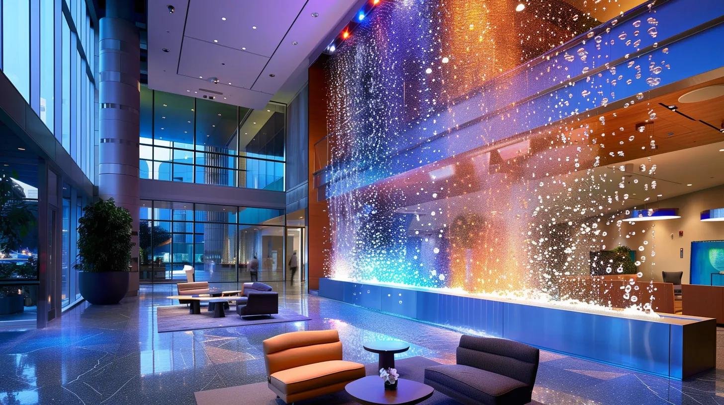 LED Water Bubble Wall: Beautify Your Surroundings 1 a sleek, modern corporate lobby features a mesmerizing led water bubble wall, seamlessly integrating flowing water with vibrant, multicolored illumination, creating an enchanting focal point that enhances the sophisticated ambiance of the space.