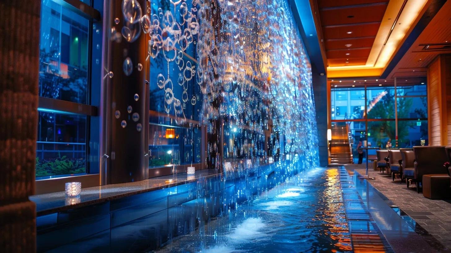 Why Choose a Floor Standing Water Bubble Wall for Your Home 1 a sleek, modern interior features an impressive floor-standing water bubble wall, elegantly framed in stainless steel and tempered glass, illuminated by dynamic led lighting that casts vibrant reflections, enhancing the atmosphere of a high-end lobby or upscale restaurant.