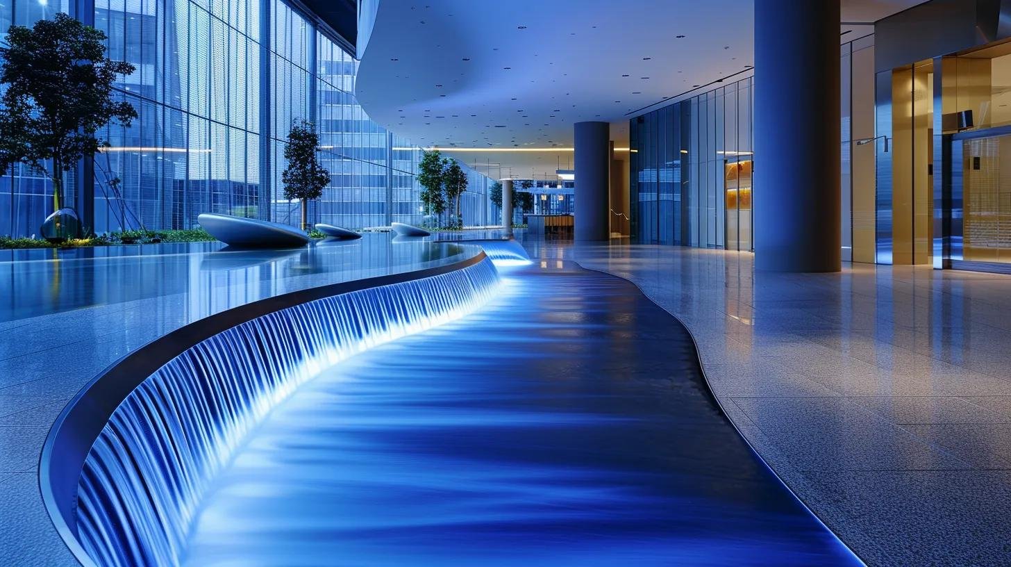 Modern office lobby featuring a sleek bubble wall water feature with illuminated flowing water, surrounded by contemporary seating and greenery, enhancing ambiance and tranquility.
