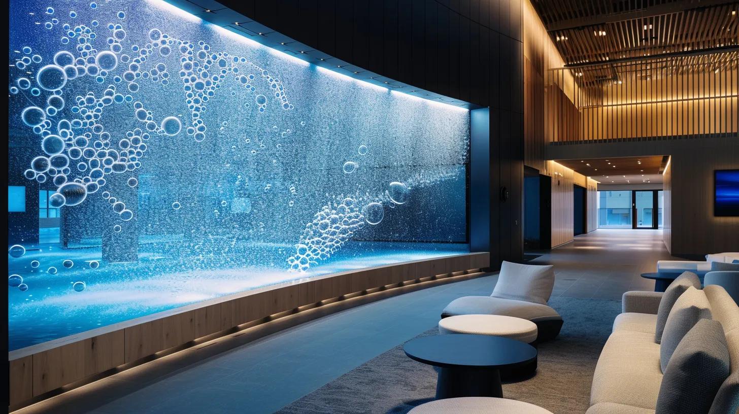 Innovative Ways to Use an LED Bubble Wall in Your Home 2 a sleek, modern interior showcases a vibrant led bubble wall with customizable lighting and precise water flow against a backdrop of corrosion-resistant steel and polished glass, highlighting the innovative design and structural features emblematic of high-quality commercial spaces.