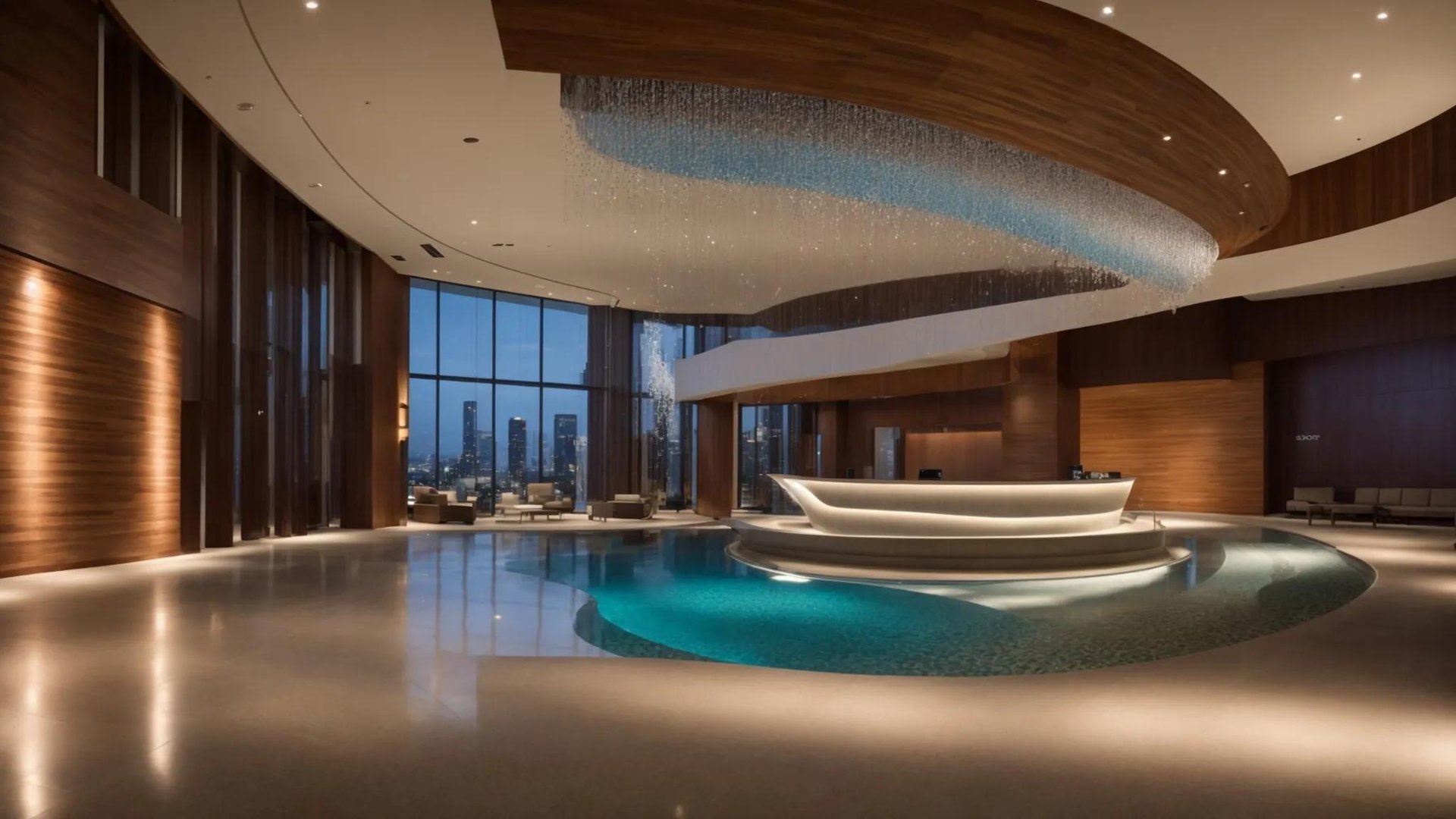 Creating Custom Indoor Water Features for Your Space 1 a sleek, modern lobby features a stunning custom indoor water wall, designed with intricate sculptural elements and dynamic water flow, illuminated by striking led lighting that highlights its artistry and engineering precision, creating an inviting and tranquil ambiance.