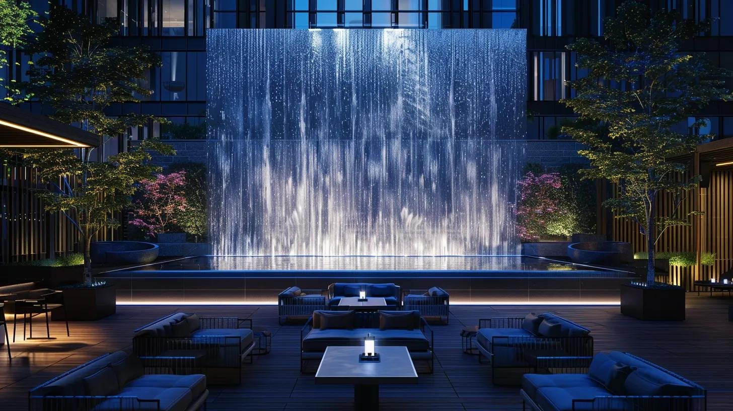 Sleek modern outdoor lounge area featuring illuminated water wall, stylish seating, and lush greenery, enhancing tranquil ambiance for relaxation and enjoyment.