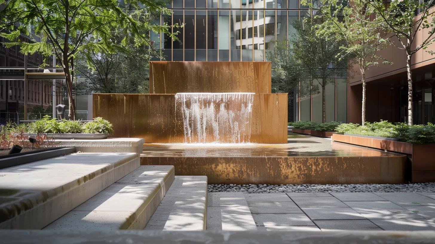 Modern Spaces: Embracing Contemporary Fountain Design Trends 2 a modern fountain installation features a striking interplay of polished bronze finishes and textured concrete surfaces, set against an urban backdrop, showcasing the evolution of design through innovative materials that enhance both aesthetics and functionality.