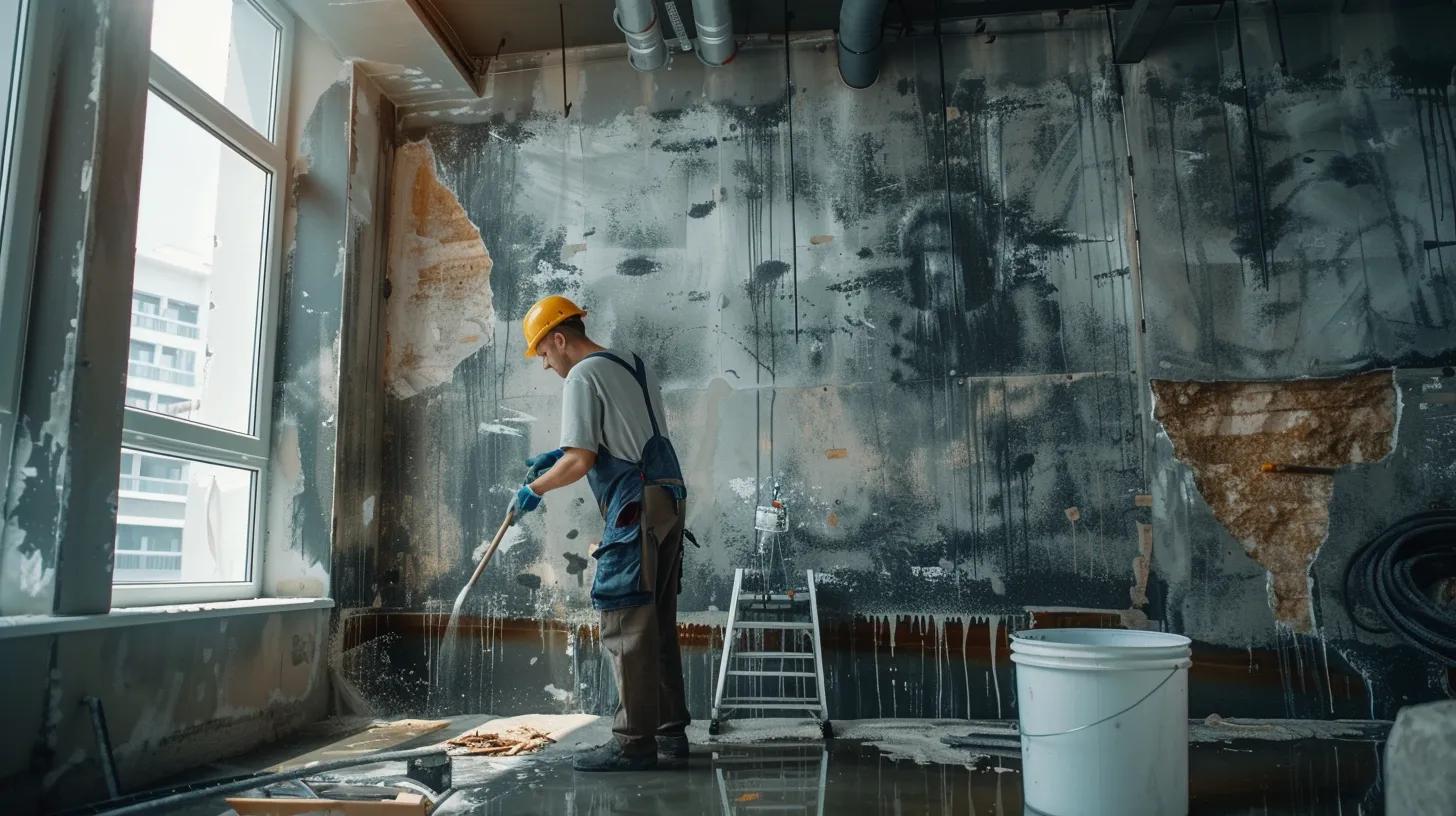 Removing Water Bubble in Wall: Step-by-Step Guide 3 a stark, modern office interior showcases an expert technician applying a high-grade waterproofing membrane to a visibly damaged wall with visible water stains, emphasizing immediate action against water ingress in a well-lit, professional setting.