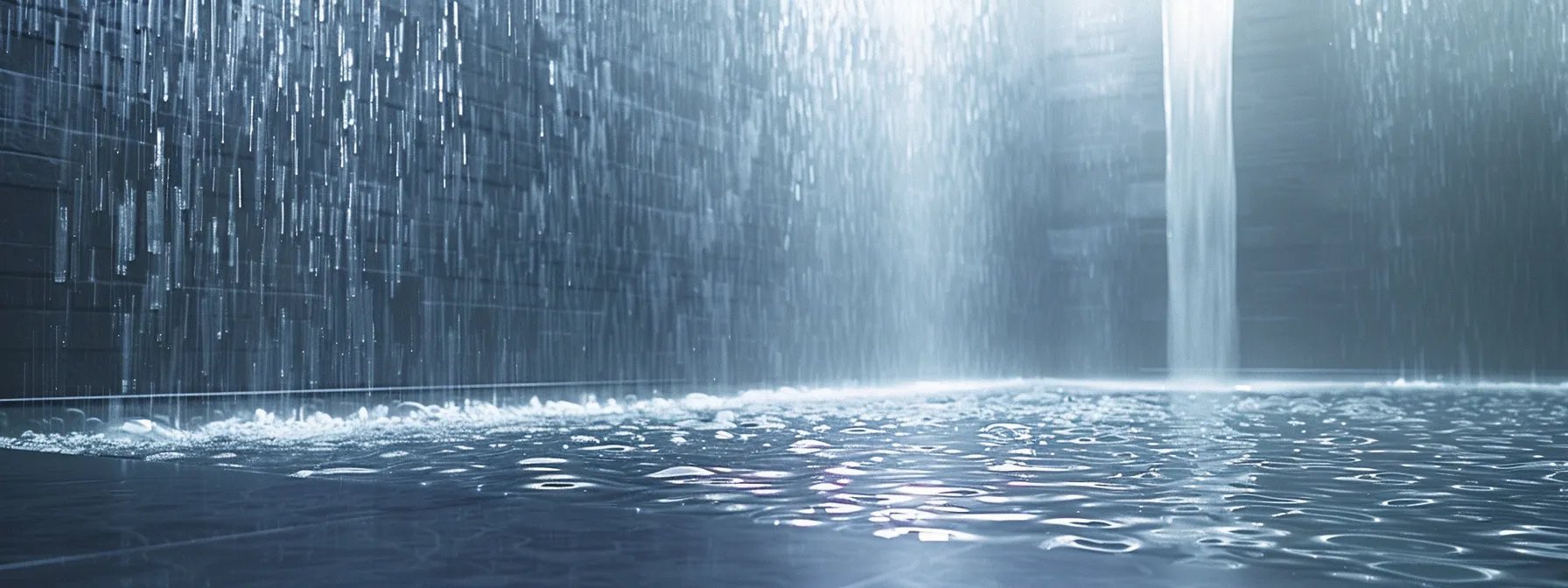 Indoor water wall featuring cascading water droplets and a reflective surface, enhancing serenity and elegance in interior spaces.