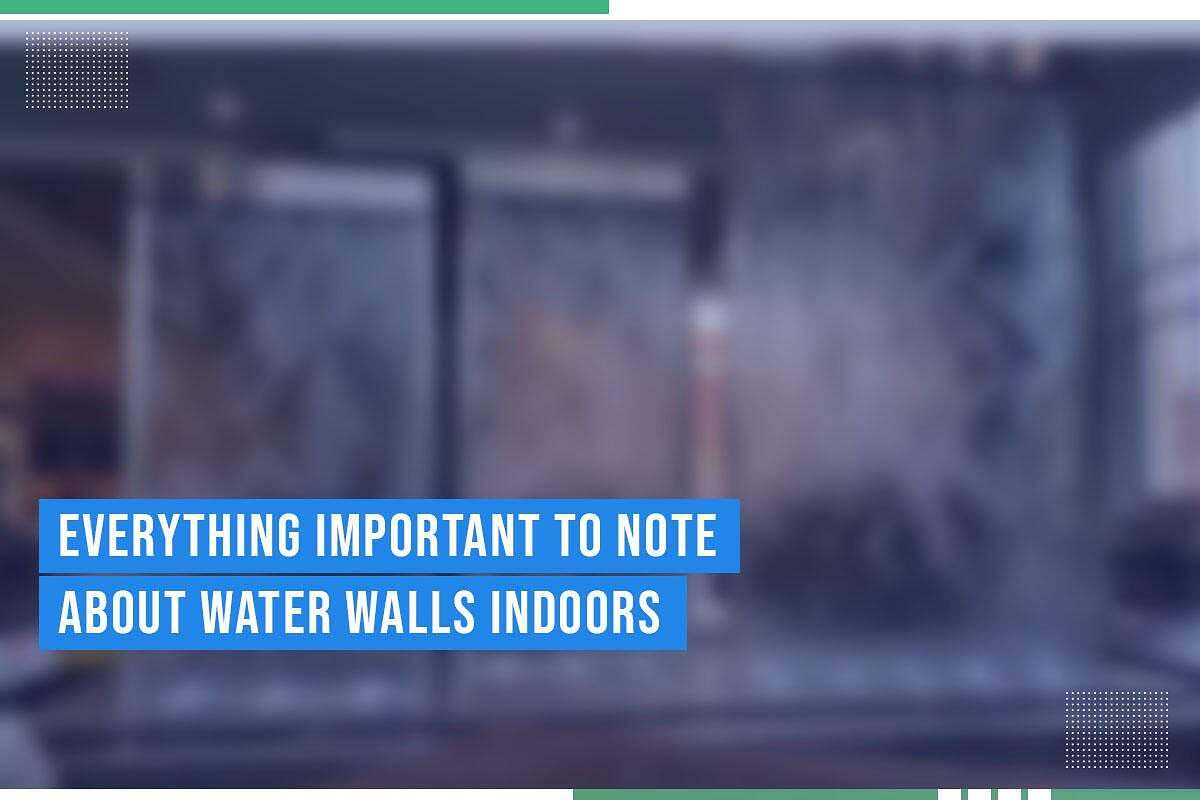 Water wall feature indoors with text overlay "Everything Important To Note About Water Walls Indoors," emphasizing design and tranquility in office environments.