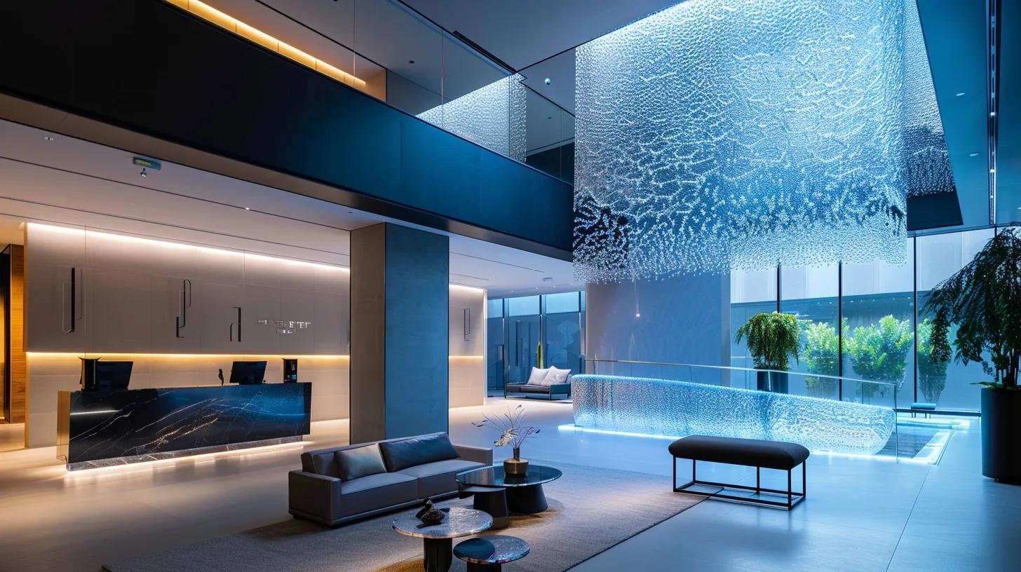 Acrylic Water Bubble Wall: A Stunning Focal Point 1 a sleek, modern interior features a captivating acrylic water bubble wall, illuminated by vibrant led lights that enhance the dynamic bubbles cascading against a backdrop of minimalist architecture, showcasing the perfect blend of technology and artistry in a sophisticated commercial space.