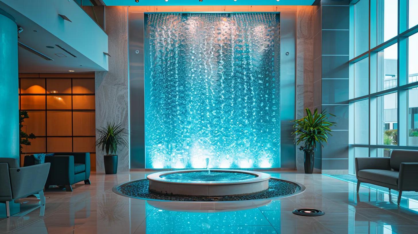 Modern office interior featuring a stunning floor-standing water bubble wall, illuminated with blue lighting, creating a tranquil ambiance, complemented by a circular water fountain and stylish seating areas.