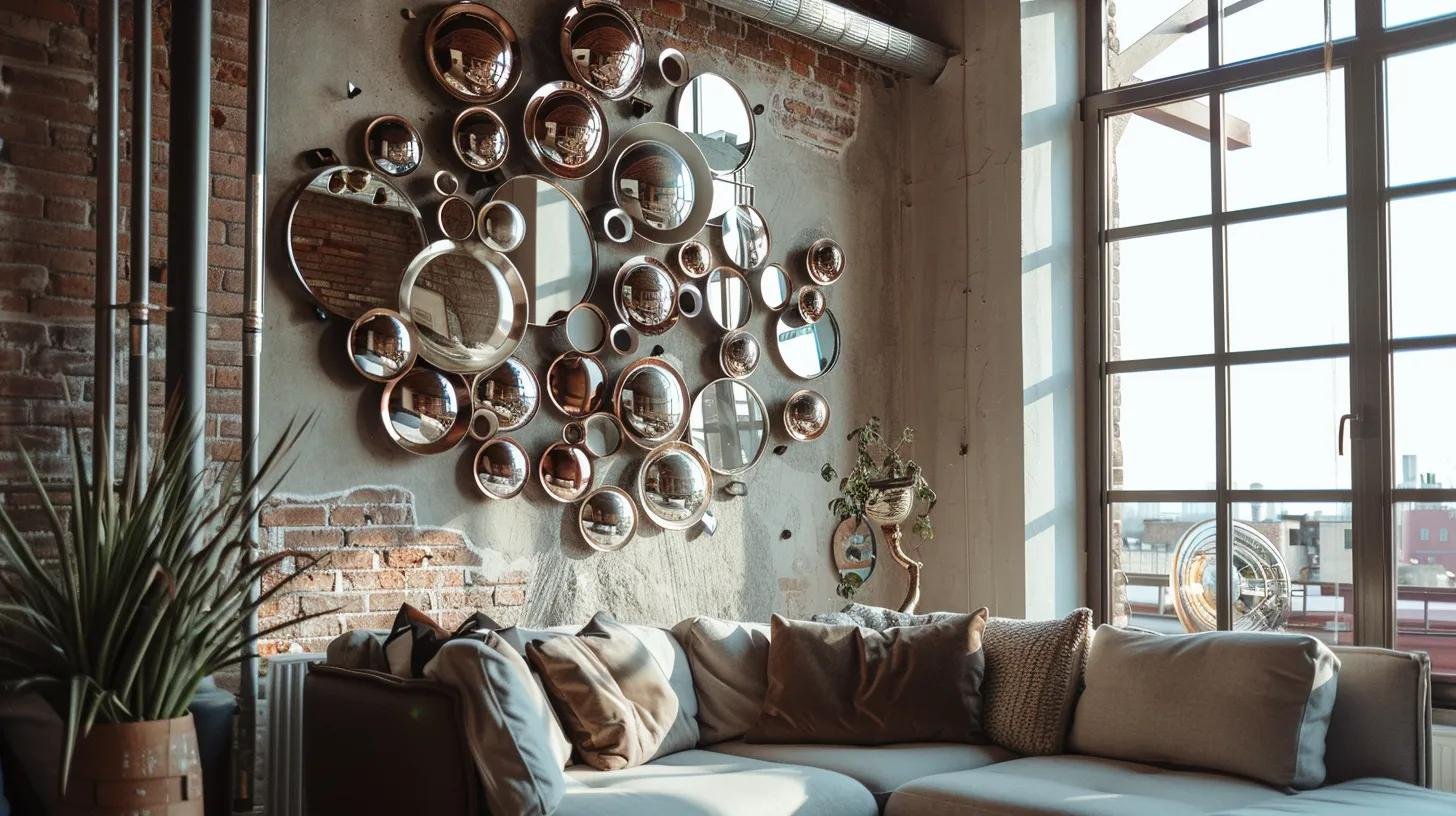 Create a Modern Look With Bubble Mirror Wall Decor 2 a stylish urban living room showcases a striking bubble mirror wall decor featuring a cascade of sculptural bubbles that reflect dynamic light and create a captivating aesthetic, blending modern minimalism with vintage distressed elements against a chic backdrop.