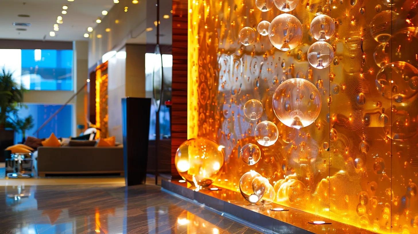 Embrace Bubble Light Trends for Cheerful Decor 1 a sleek, modern hotel lobby features an impressive bubble glass wall sconce, illuminated with shifting hues of warm amber and cool blue, creating a captivating and dynamic atmosphere that enhances the luxurious decor.