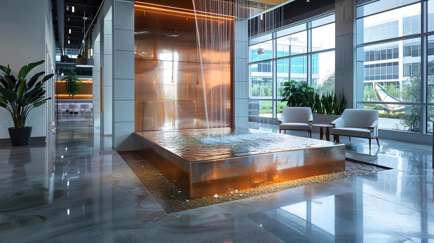 Revamp Your Work Area With Unique Indoor Home Office Designs 7 a sleek, modern office environment featuring a stunning indoor fountain made of copper-infused concrete, seamlessly integrated with interactive led displays, showcasing a serene blend of advanced technology and soothing water elements to enhance productivity and well-being.