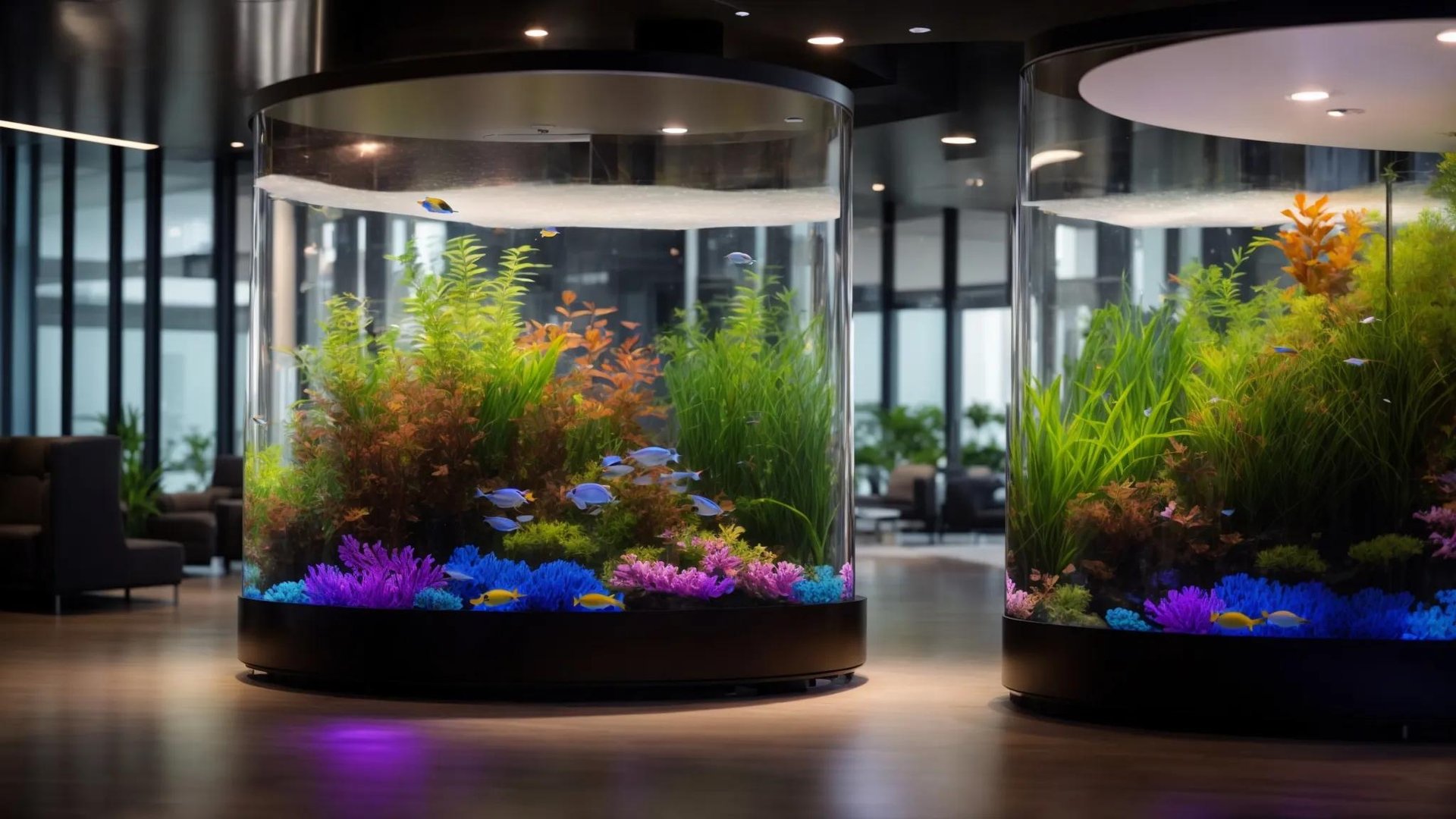 Indoor bubble wall aquarium featuring vibrant aquatic plants and colorful fish, enhancing modern interior design and ambiance.