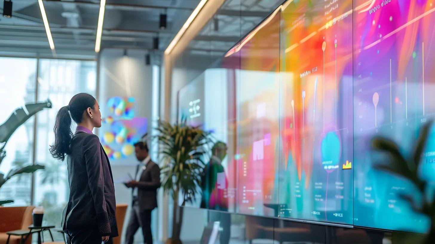 Create a Modern Look With Bubble Mirror Wall Decor 9 a sleek, modern office space features a large digital display showcasing a vibrant bar chart, illustrating the comparative installation times, customization options, and maintenance cost savings of various bubble mirror wall decor styles, with designers and architects engaged in discussion around the insights.