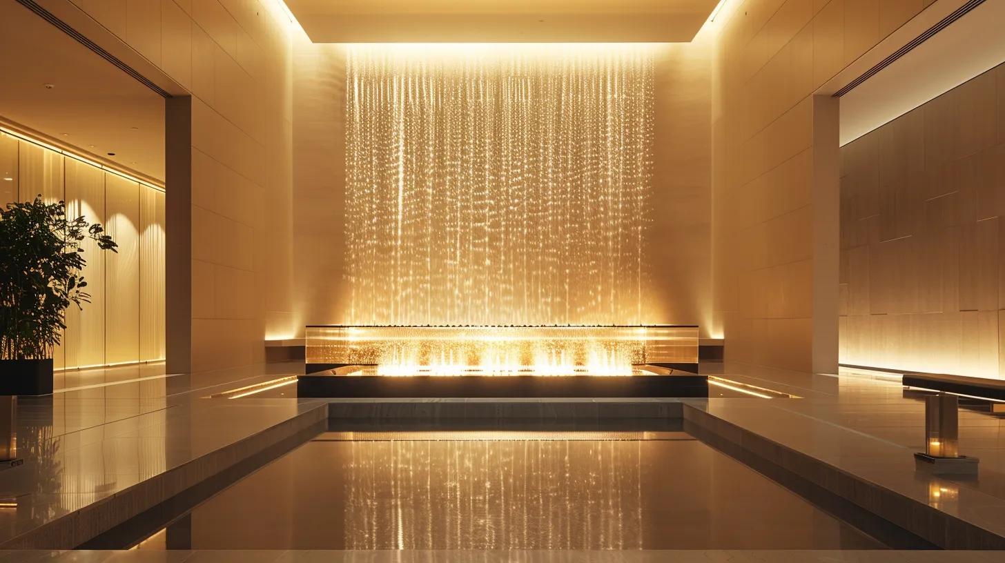 Modern indoor water feature with illuminated cascading water wall and sleek reflective surfaces, enhancing tranquility and elegance in contemporary spaces.