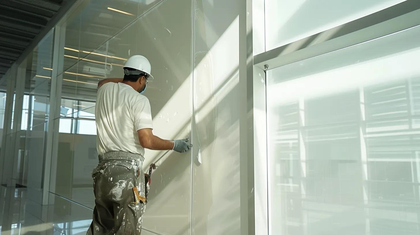 Identifying the Reasons Behind a Bubble on Wall 4 a well-lit, modern office environment showcases a skilled technician meticulously applying a two-component primer to a freshly sanded wall, emphasizing precision and professionalism in addressing wall bubble repair techniques.