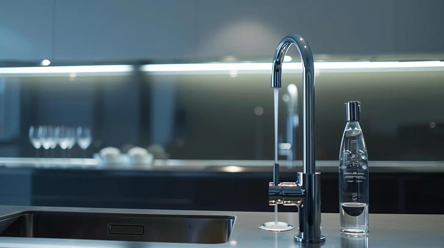 Sleek modern kitchen featuring a stylish faucet and a clear water bottle, emphasizing contemporary design and water features in interior spaces.