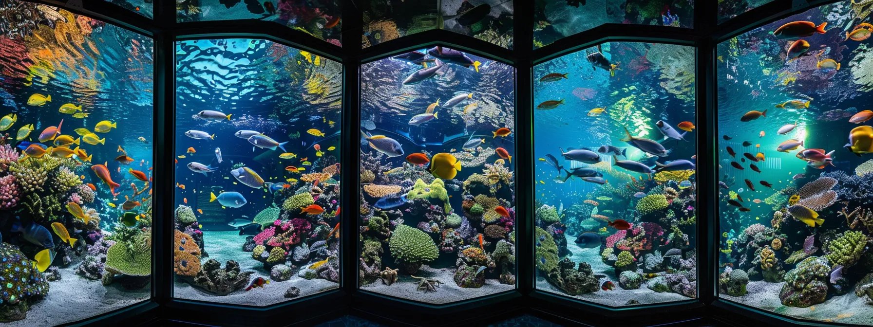 Vibrant octagon aquarium showcasing diverse coral reefs and colorful fish, illustrating custom water features for enhancing indoor and outdoor spaces.
