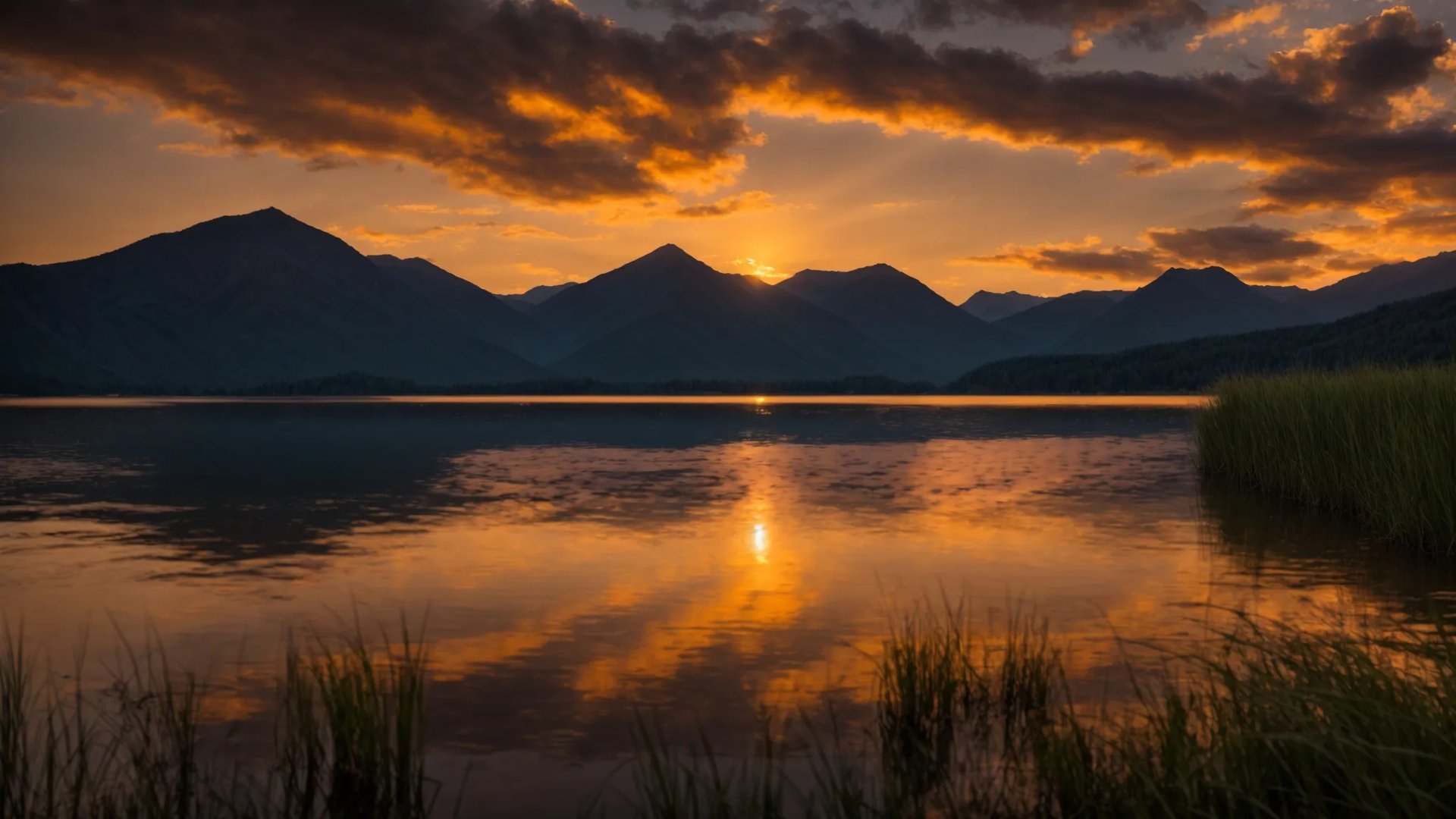 Create Serenity With a Unique Glass Fountain Design 1 a breathtaking sunset casts a warm golden glow over a tranquil lake, with majestic mountains silhouetted against the vibrant sky, creating a serene and picturesque landscape.