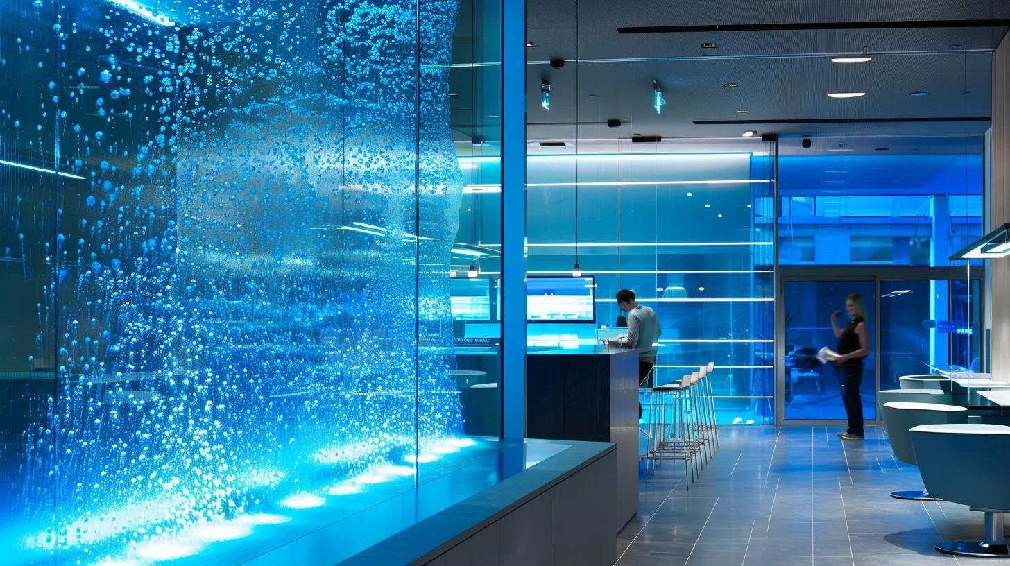 LED Water Bubble Fountain Wall Ideas for Every Space 3 a modern office interior showcases the installation of a sleek led water bubble fountain wall, with blue-lit bubbles cascading seamlessly, while technicians meticulously adjust settings on digital control panels, emphasizing the fusion of technology and design in an upscale commercial environment.