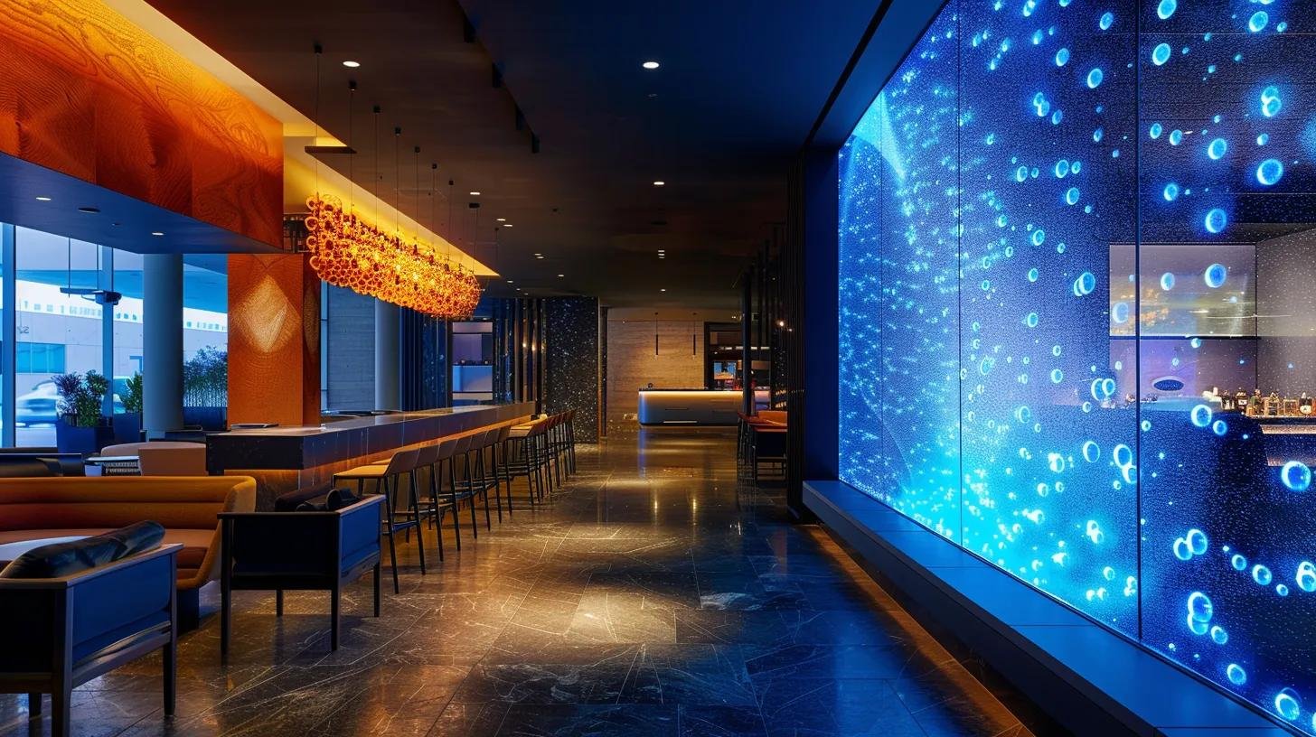 LED bubble wall installation in a modern interior, featuring vibrant blue bubbles and ambient lighting, enhancing the tranquil atmosphere of the space.