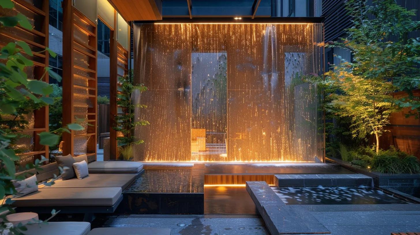 Create Stunning Outdoor Areas With Water Wall Features 8 a modern outdoor entertainment area features a stunning water wall as the focal point, illuminated by sleek energy-efficient led lighting, surrounded by elegant seating that invites conversations while showcasing expert maintenance tools and materials subtly arranged nearby.
