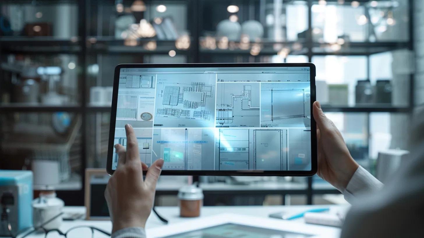 Removing Water Bubble in Wall: Step-by-Step Guide 4 a focused view of a contemporary office workspace showcases a professional analyzing a detailed repair methods comparison chart on a sleek digital tablet, surrounded by tools and materials like joint compound and waterproof primer, highlighting the decision-making process for effective wall repair solutions.