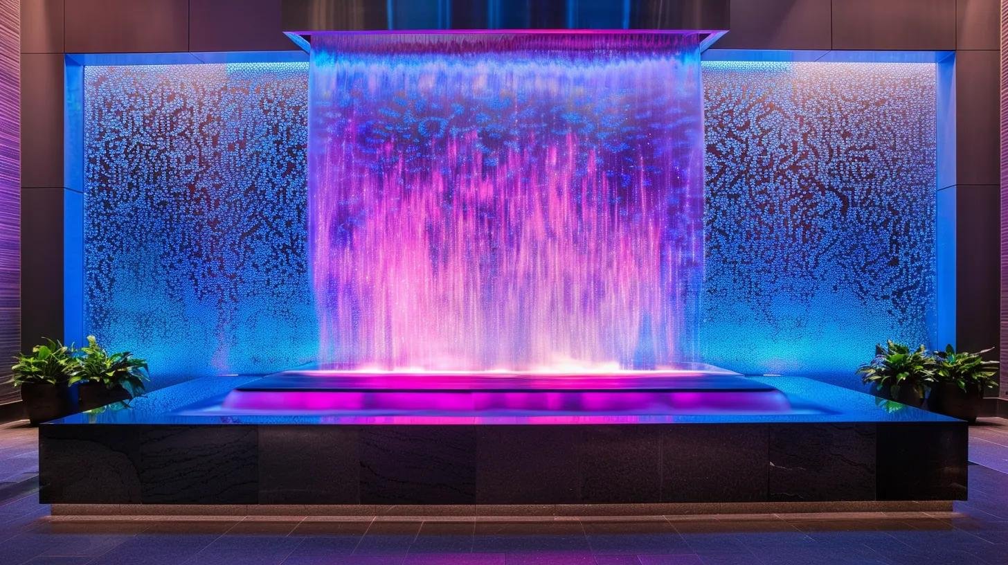 LED Water Bubble Fountain Wall Ideas for Every Space 5 a striking led water bubble fountain wall illuminated with vibrant colors serves as a captivating centerpiece in a sleek corporate lobby, enhancing the modern aesthetic with its dynamic water patterns and creating an inviting atmosphere for visitors.