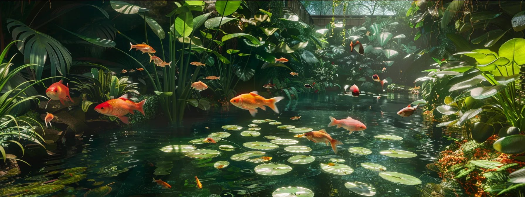 Vibrant aquatic scene featuring goldfish swimming among lush green plants and lily pads in a tranquil water setting, illustrating the serene beauty of indoor water features and enhancing interior design aesthetics.