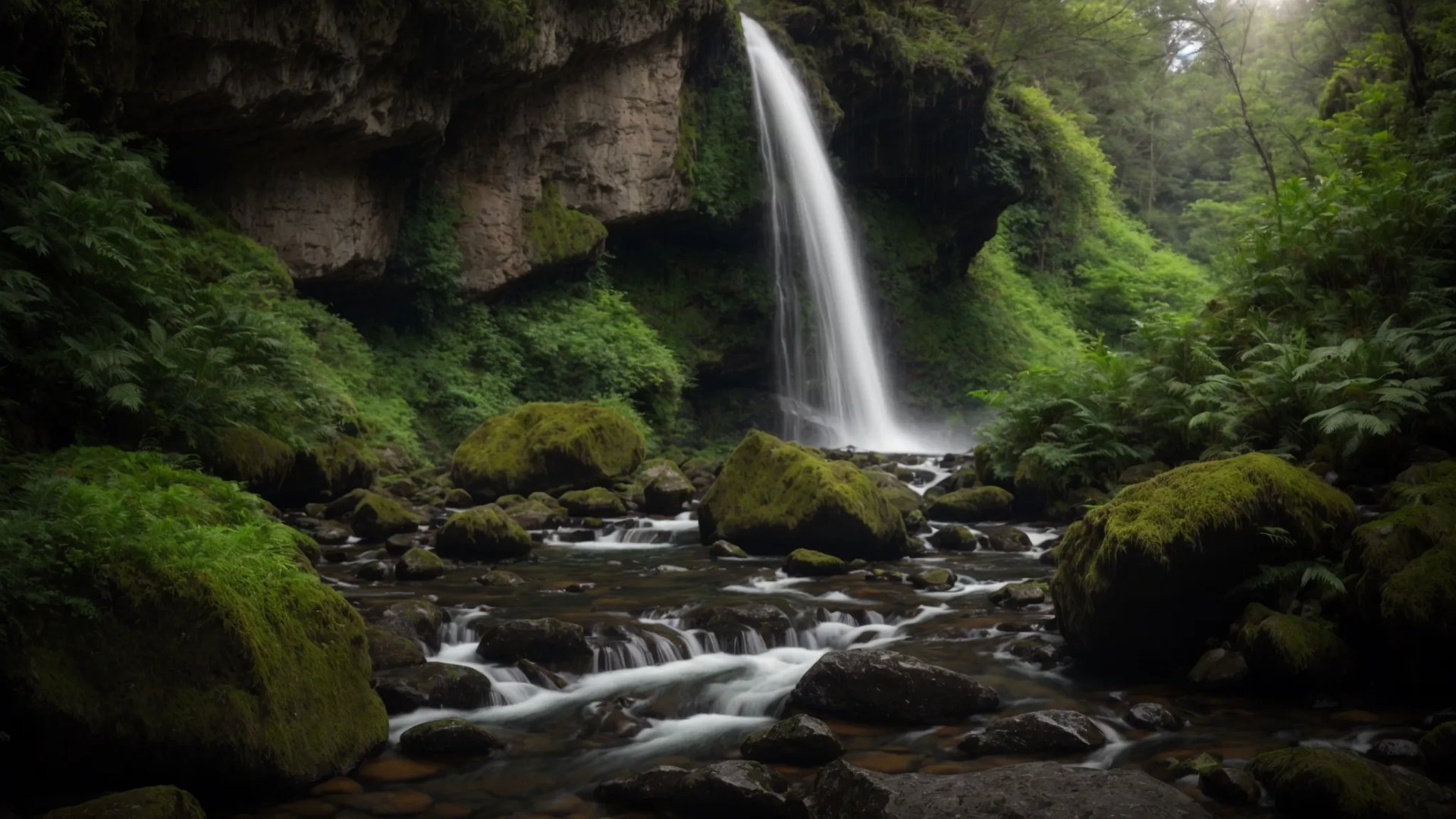 Waterfall cascading over moss-covered rocks in a lush green forest, illustrating natural water features suitable for enhancing outdoor spaces.