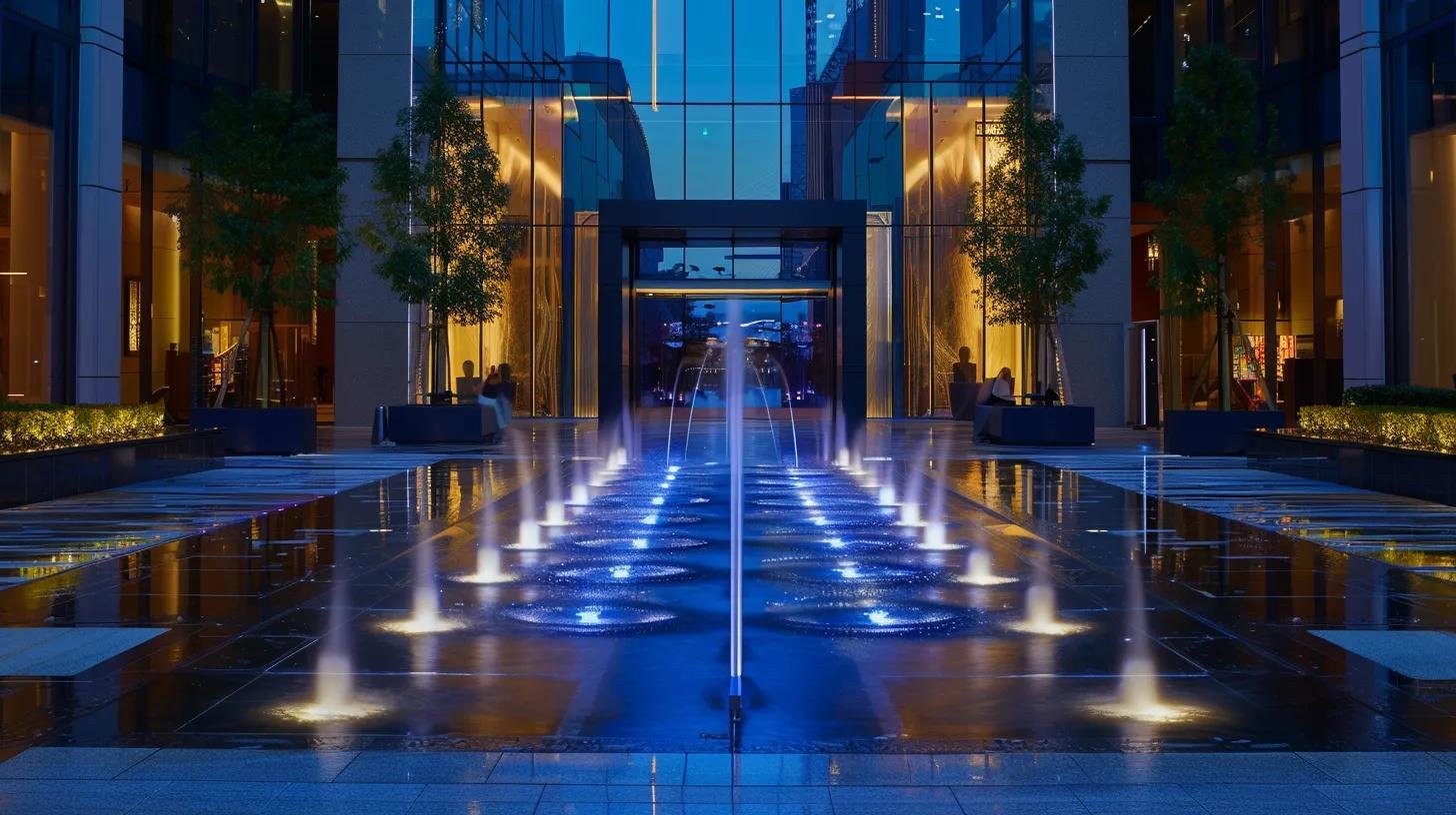 Stunning Custom Water Features to Enhance Your Environment 1 a stunning urban plaza features a sleek, illuminated reflecting pool fountain with dynamic water jets and colorful led lighting, creating a captivating centerpiece that enhances the elegance of its contemporary surroundings.