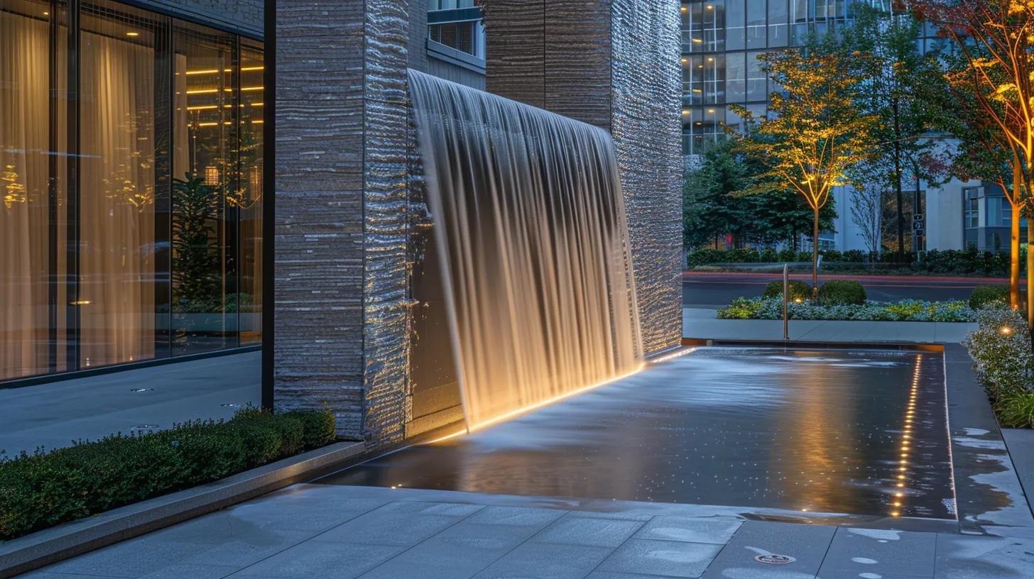 Elevate Your Backyard With Custom Outdoor Water Features 2 a sleek, modern outdoor water feature crafted from polished granite and stainless steel is illuminated with integrated lighting, showcasing intricate, customizable elements like engraved sculptures, all set against a sophisticated urban backdrop that emphasizes durability and artistic design.