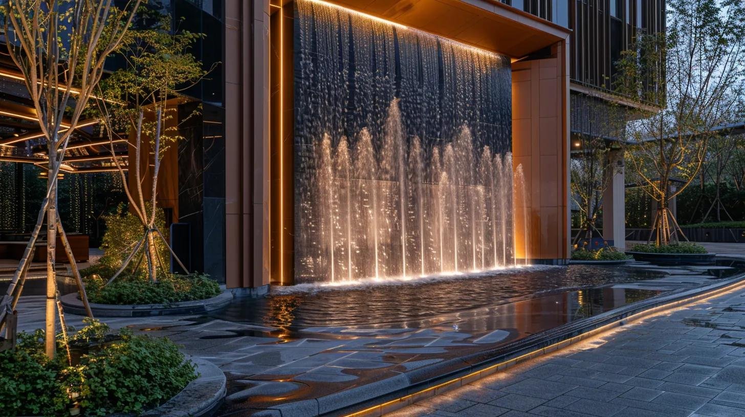 Elegant Custom Water Features Available in Montoursville PA 3 a beautifully crafted water feature, showcasing intricate joinery and polished natural stone, stands as a stunning sculptural centerpiece in a modern urban landscape, illuminated by soft, ambient lighting that highlights its refined artistry and craftsmanship.