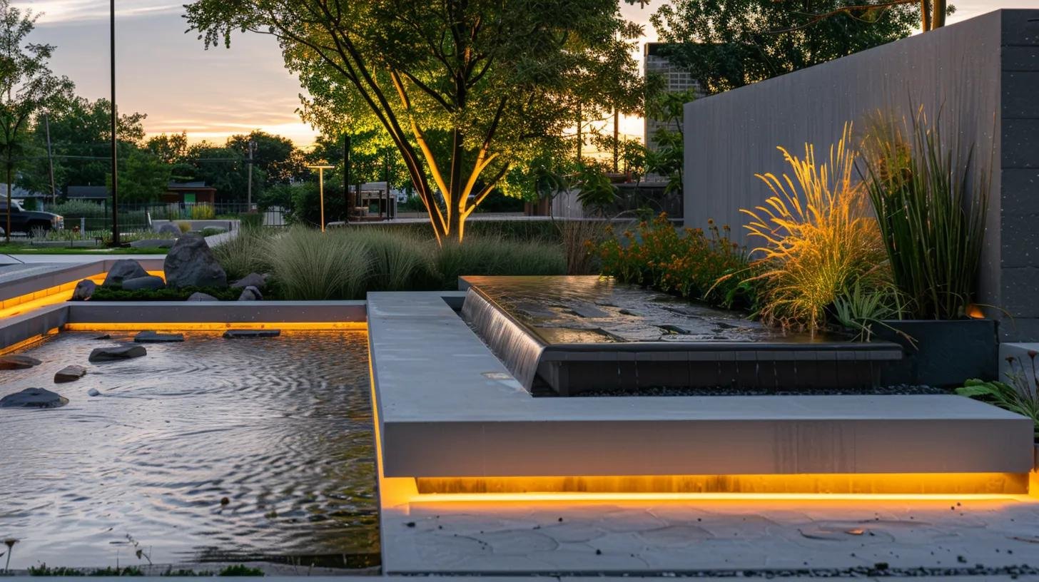 Elevate Your Backyard With Custom Outdoor Water Features 4 a contemporary urban outdoor installation scene showcases precision techniques in water feature construction, featuring sleek pre-cast concrete elements and laser-guided tools, all illuminated by integrated modern lighting that highlights the intricate design of custom ponds and sculptures amidst a meticulously arranged landscape.