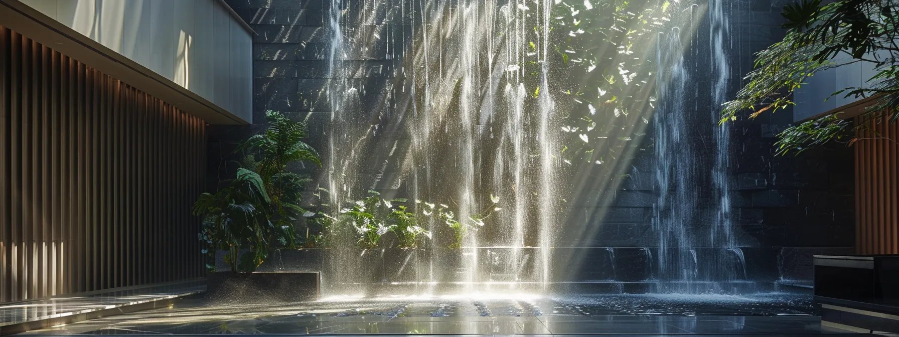 Indoor water curtain wall featuring cascading water, illuminated by sunlight, surrounded by lush greenery and modern architectural elements, enhancing serene spaces.