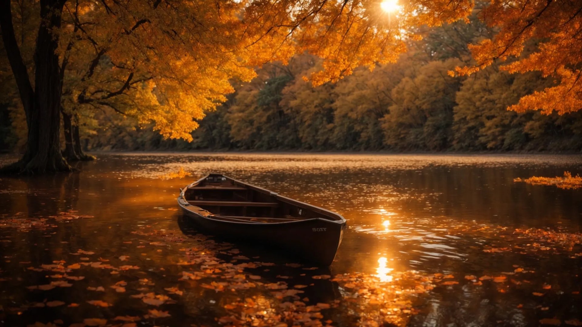 Create Serenity With a Unique Glass Fountain Design 4 a majestic sunset casts a golden glow over a tranquil lake, where vibrant autumn leaves elegantly float on the shimmering water's surface.